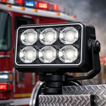 Custom optical lens for fire truck scene lighting; Emergency rescue vehicle lighting with glare reduction