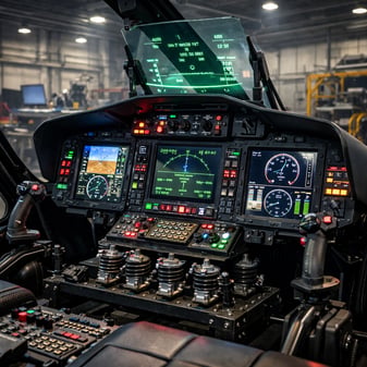 Military helicopter undergoing maintenance inside a hangar using specialized Vibrostop multi-directional shock mounts to isolate heavy airframe vibration.
