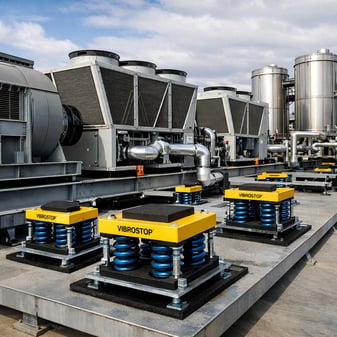 Industrial HVAC rooftop plant utilizing Vibrostop low-frequency anti-vibration spring mounts to prevent structure-borne noise transmission into building foundations.